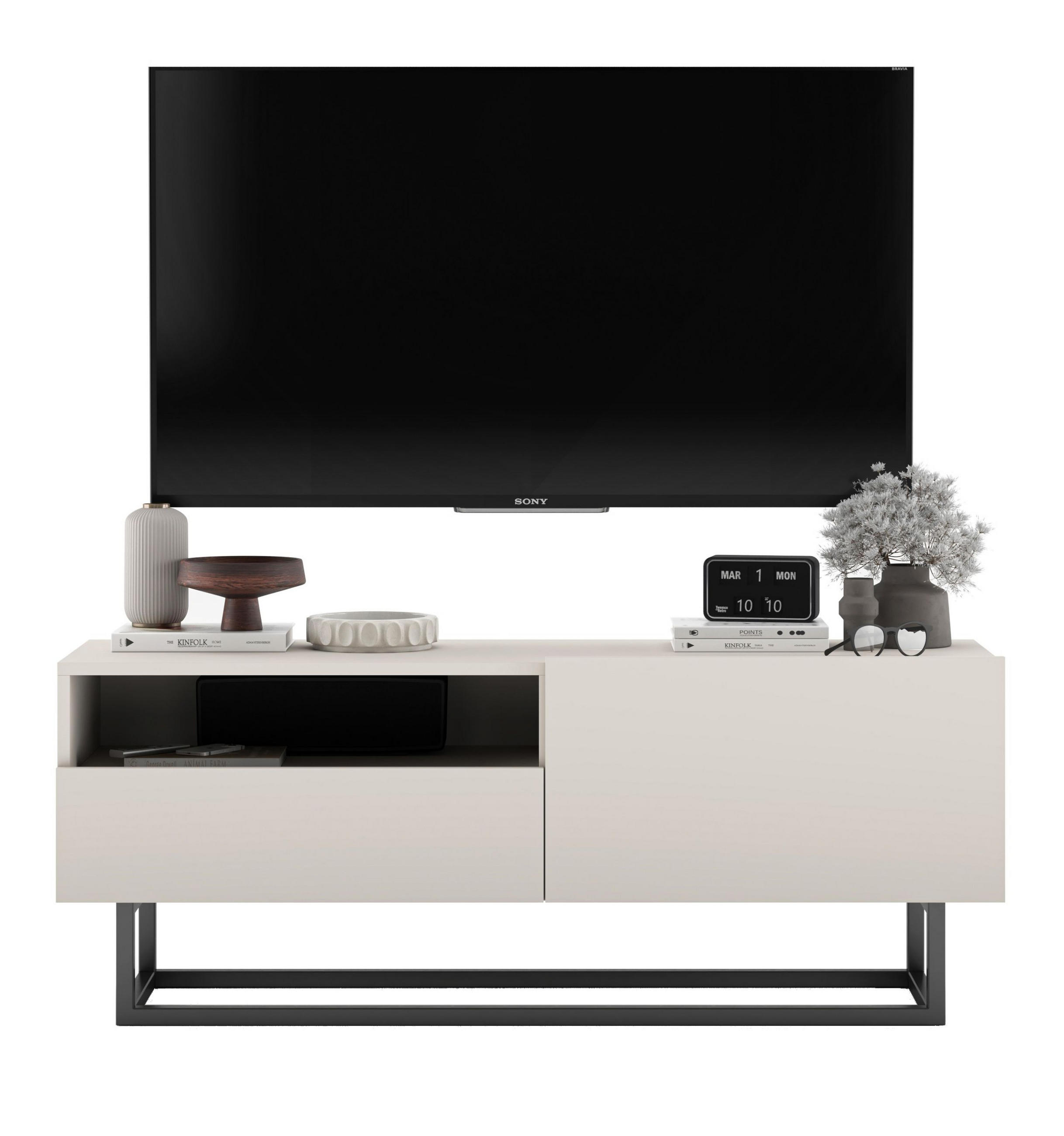 Meble Lindner TV stolek Enjoy Kašmír mat 120 cm se zásuvkou a kovovým rámem