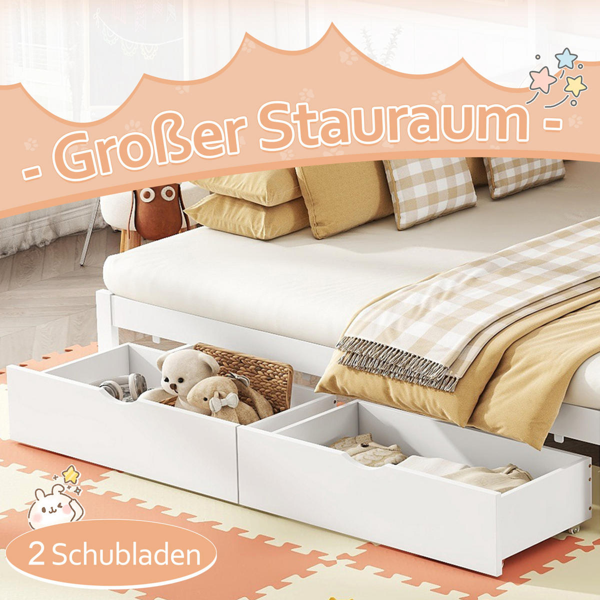 ETAGENBETT 90/200 cm in Weiß mit Ausziehbett und 2 Schubladen - Weiß, Holz (90/200cm) - Flora Grace