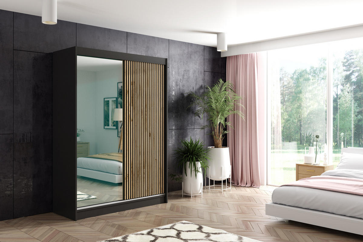 KLEIDERSCHRANK VILAN mit Spiegel - 150 cm - Schwarz|Eiche Wotan - Eiche Wotan/Schwarz, Holzwerkstoff (150/215/61cm) - ALTDECOR