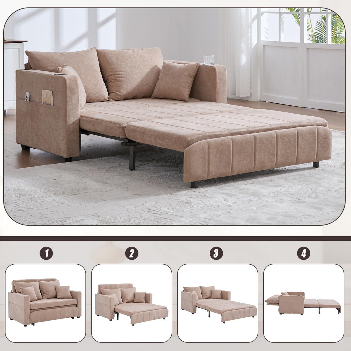 SCHLAFSOFA aus Chenille 139x83x58 cm in Beige mit Schlaffunktion - Beige, Textil (139/58/83cm) - Modfu