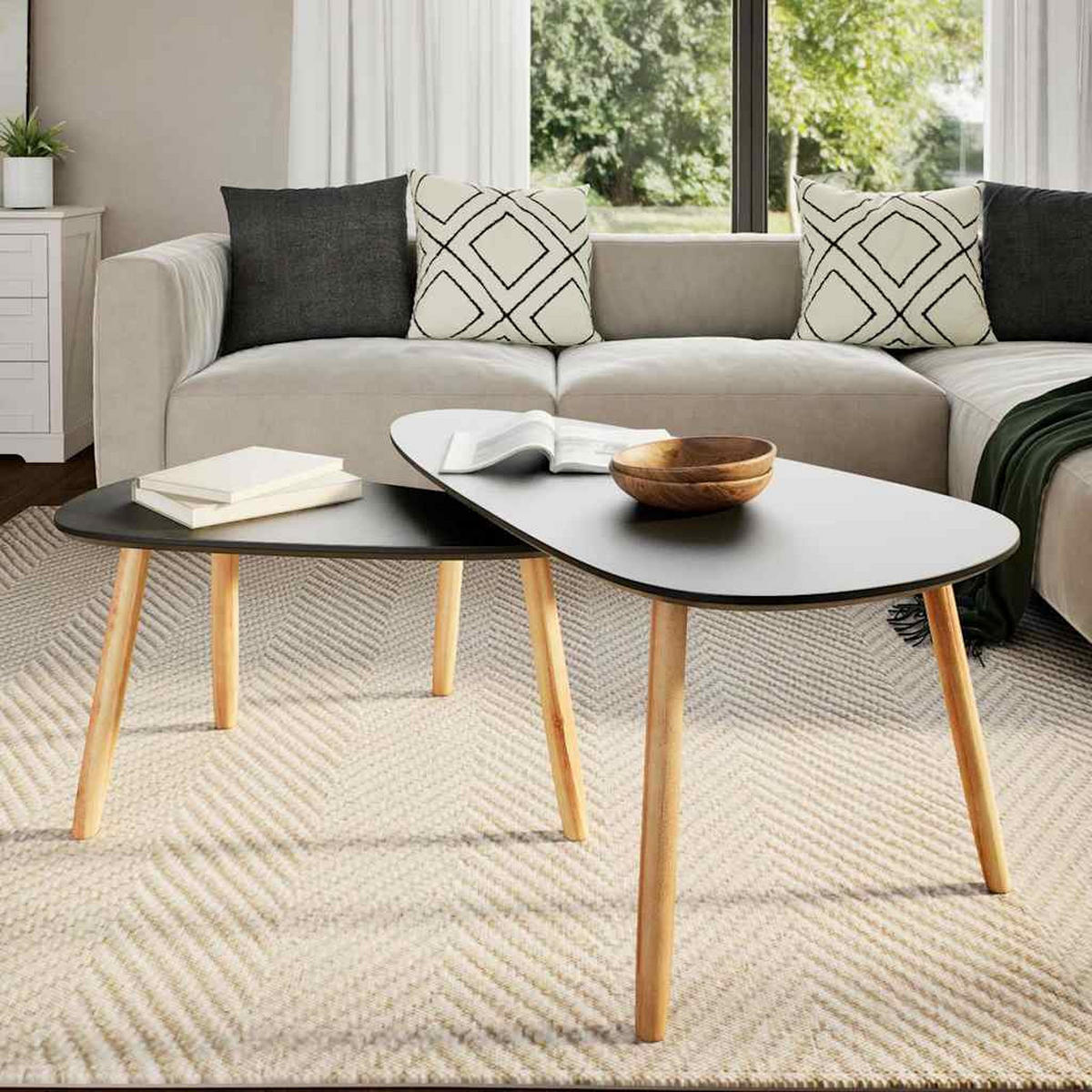 2-TLG. Couchtisch-Set Massivholz Kiefer Schwarz - Schwarz, Holz (100/50/40cm) - furnicato