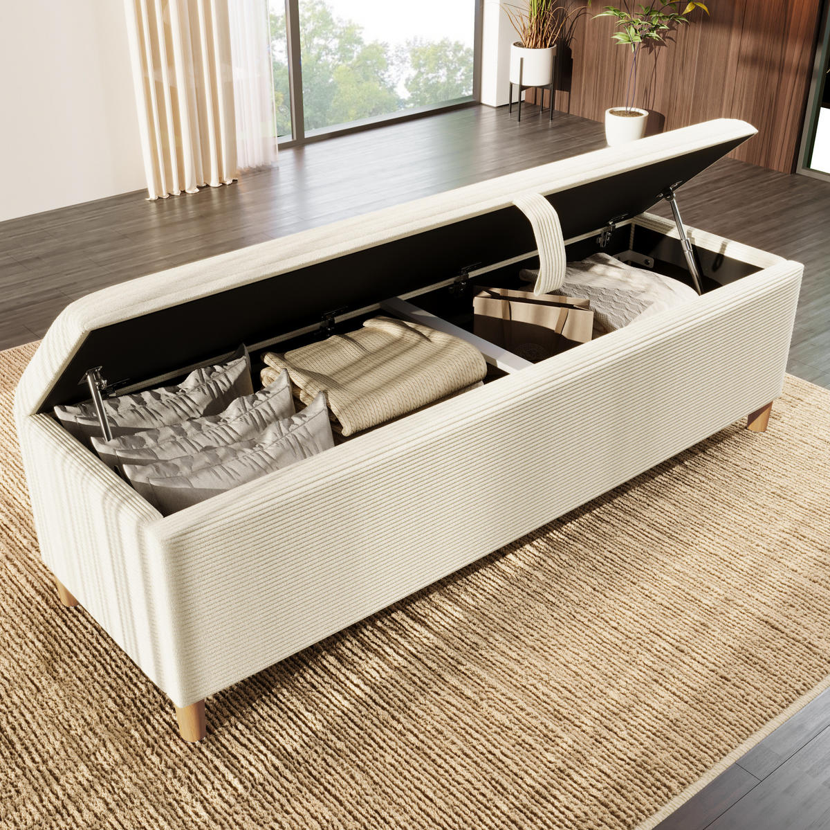 POLSTERBETT 160/200 cm mit LED-Beleuchtung, Kopfteil mit Stauraum und Bettbank, Beige - Beige, Holz (160/200cm) - Redom