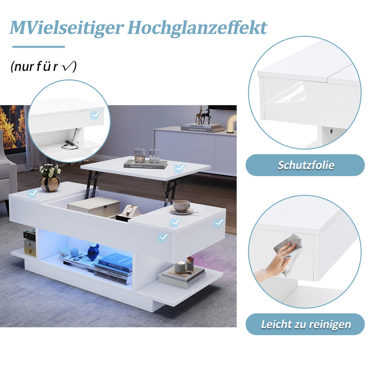 COUCHTISCH 98x45x40 cm Weiß Lift Höhenverstellbar LED 2 Schränke - Weiß, Holzwerkstoff (98/45/40cm)