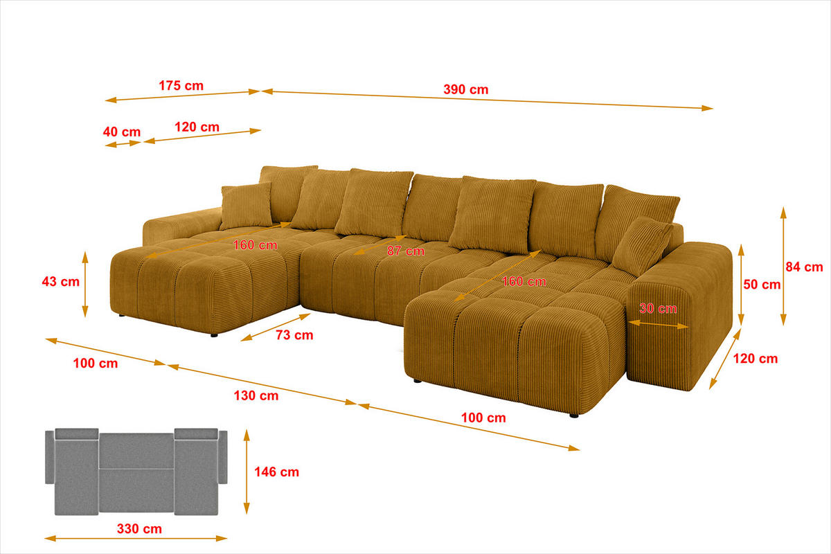 WOHNLANDSCHAFT ENIL-U 390x175x84 Senfgelb Cord - Currygelb, Holzwerkstoff/Kunststoff (390/84/175cm) - ALTDECOR