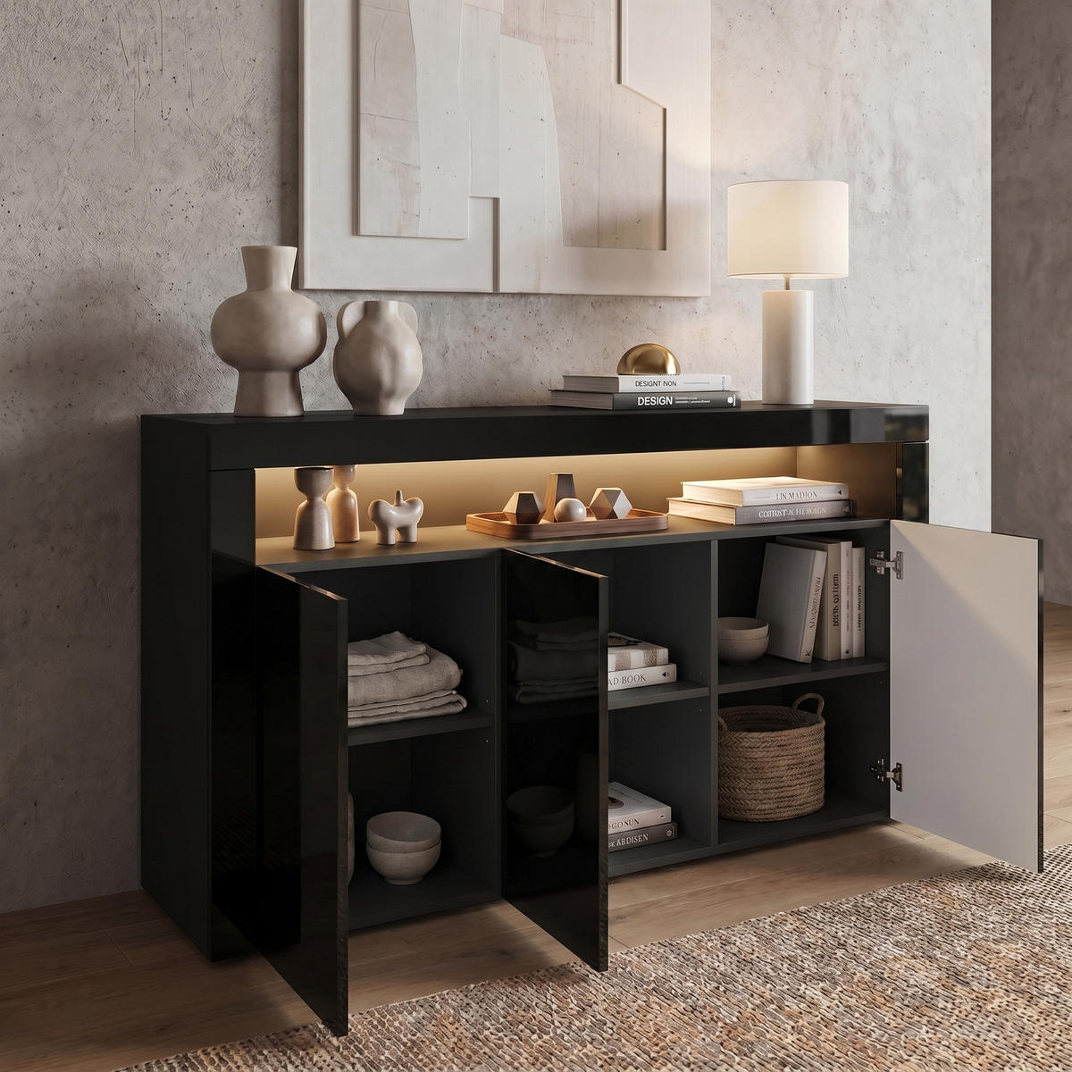 KOMODA Valencia Crna mat/Crna visoki sjaj/Crna visoki sjaj (155 x 92 x 40 cm) - crna visoki sjaj, drvni materijal (155/92/40cm) - Vladon