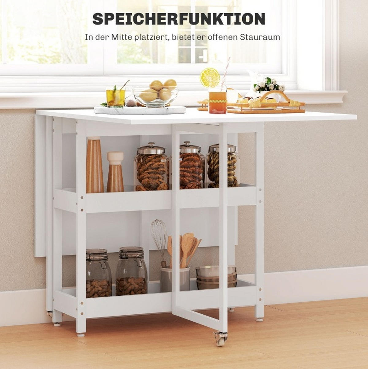 ESSTISCH klappbar mit offenen Fächern 133,4 x 80 x 75 cm Weiß - Weiß, Holz (133.4/80/75cm) - Meubliv