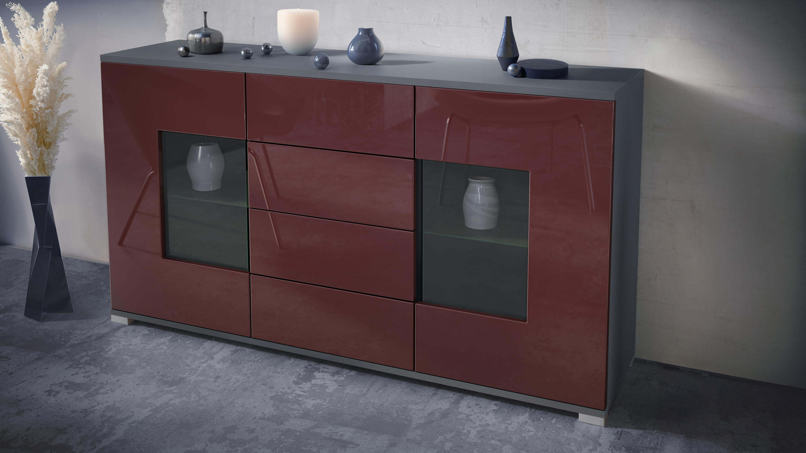 SIDEBOARD Grömitz Bordeaux Hochglanz - Bordeaux, Holzwerkstoff (138.5/75.5/35cm) - Vladon