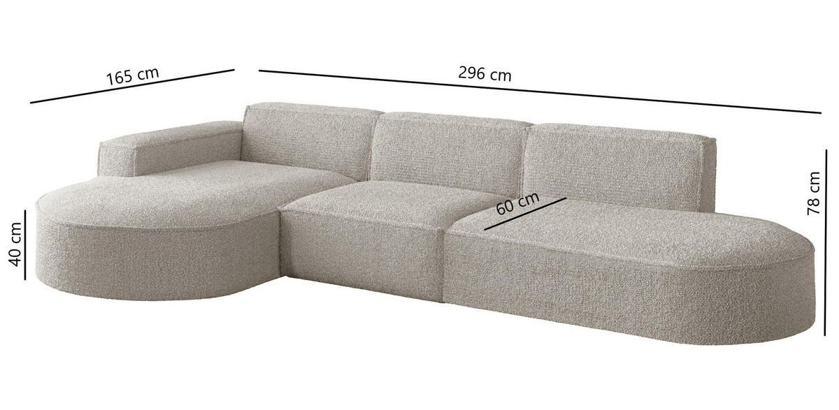 ECKSOFA Designer L-Form MODENA Stoff Loop Nate Links - Creme, Holz (165/296cm) - Kaiser Möbel