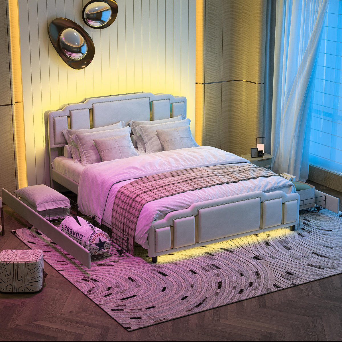 POLSTERBETT 140/200 cm Beige aus Samt mit LED - Beige, Textil (140/200cm) - OKMYHOME