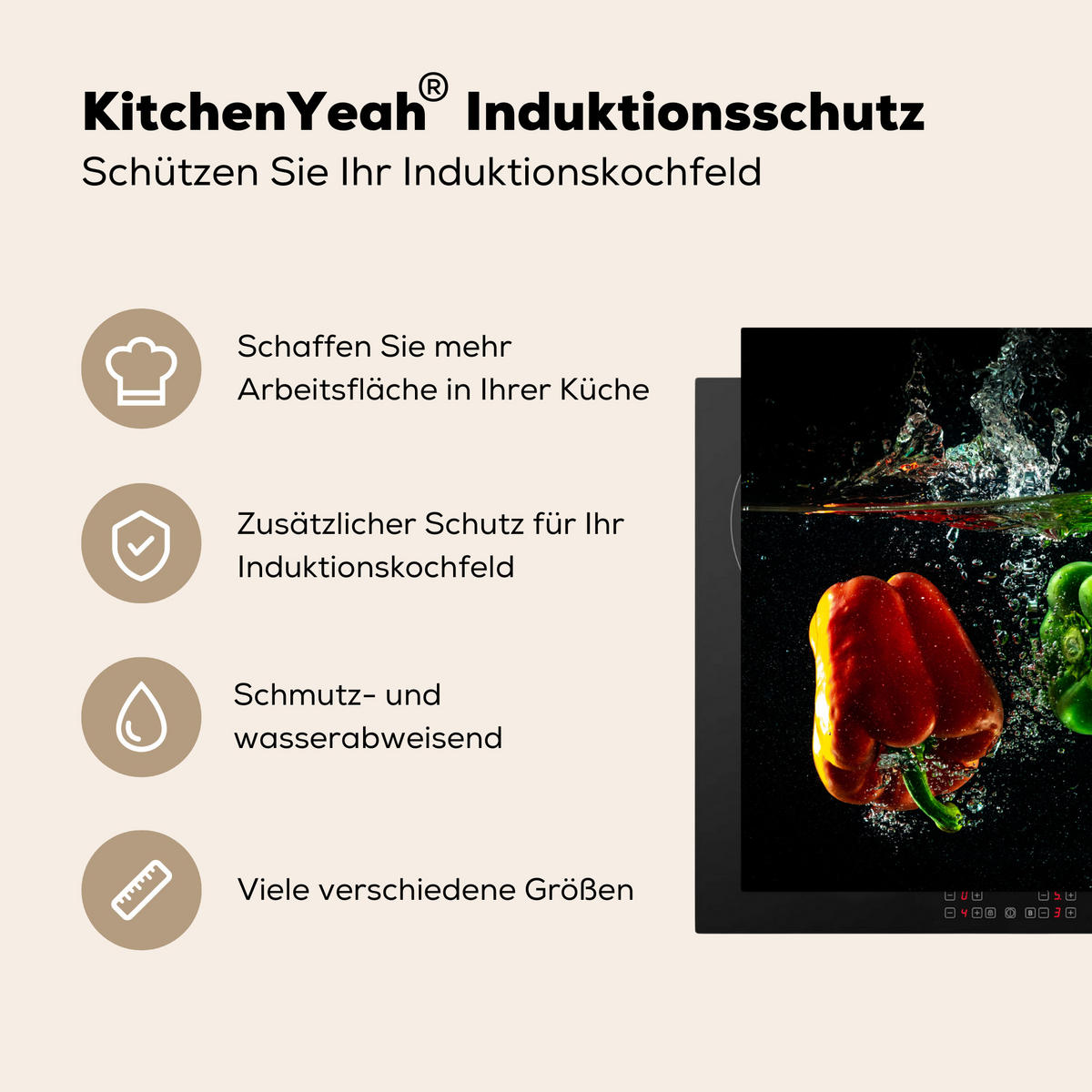 HERDABDECKPLATTE Paprika - Gemüse - Wasser - Schwarz - Rot - Grün - Gelb Herdabdeckung Induktionsfeld 70x52 cm - Multicolor, Kunststoff (70/52/0.2cm) - MuchoWow