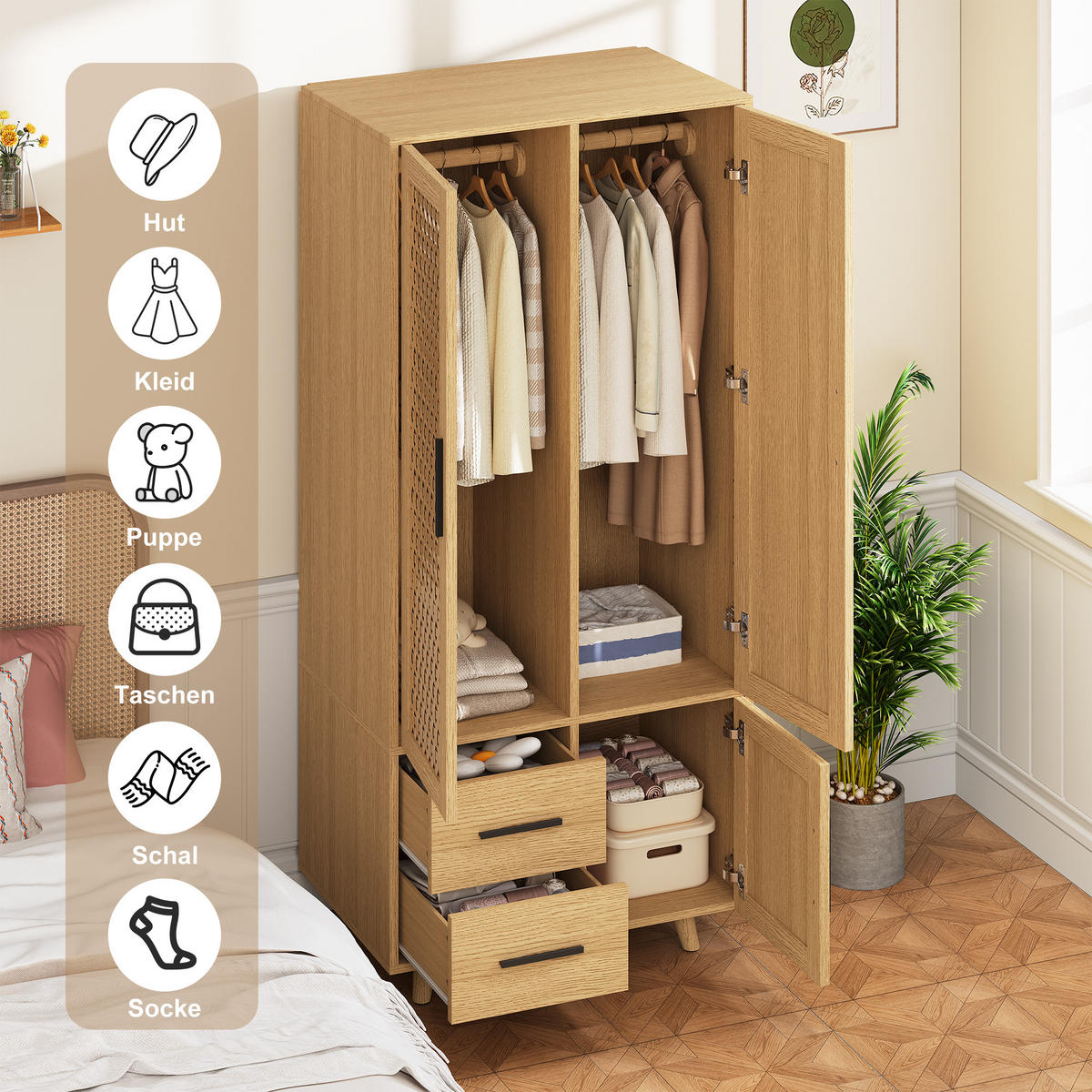 KLEIDERSCHRANK aus Rattan in Eichefarben, 2 Schubladen, integrierte Kleiderstange - Eichefarben, Holz (80/166/52cm) - EuroLiving