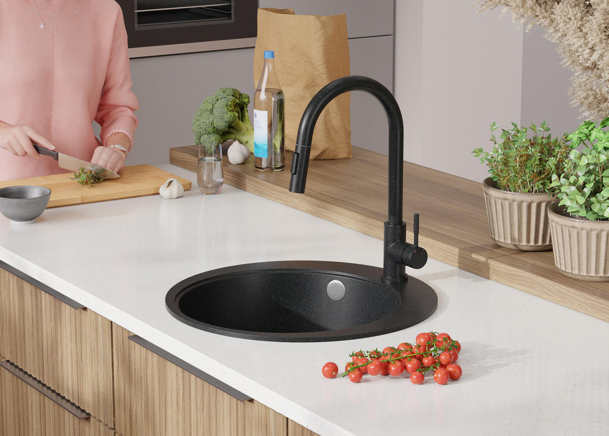 SPÜLBECKEN RUND Pisa, 2-er set Anthrazit 50/50 cm 1 Becken + Ablauf-Set + Schneidebrett ab 45er Unterschrank - Chromfarben/Anthrazit, Kunststoff (50/20/50cm) - Primagran