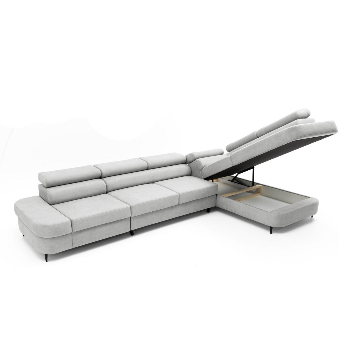 ECKSOFA PRIAM MAXI L-Form Rechts mit Schlaffunktion 125x195 Velours Hellgrau - Hellgrau/Schwarz, Holz/Textil (350/203cm) - Muffo