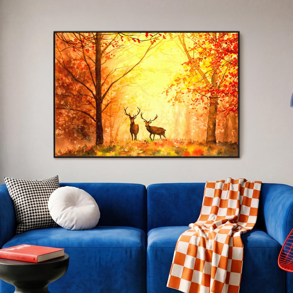 LEINWAND Bilder mit Rahmen - Natur - Ölfarbe - Hirsche - Tiere - Herbst - Orange - 90x60 - Orange, Textil (90/60cm) - MuchoWow