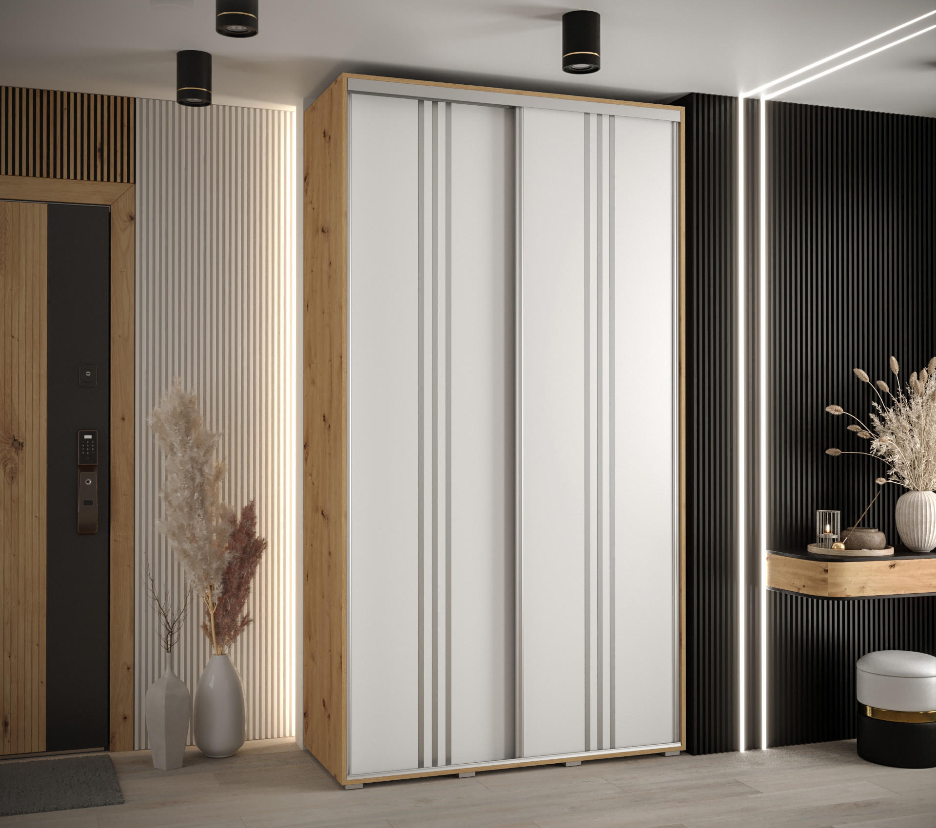 SCHWEBETÜRENSCHRANK 235,2/130/60 2-türig - Silberfarben/Weiß, Holz/Metall (130/235/60cm) - Abiks Möbel