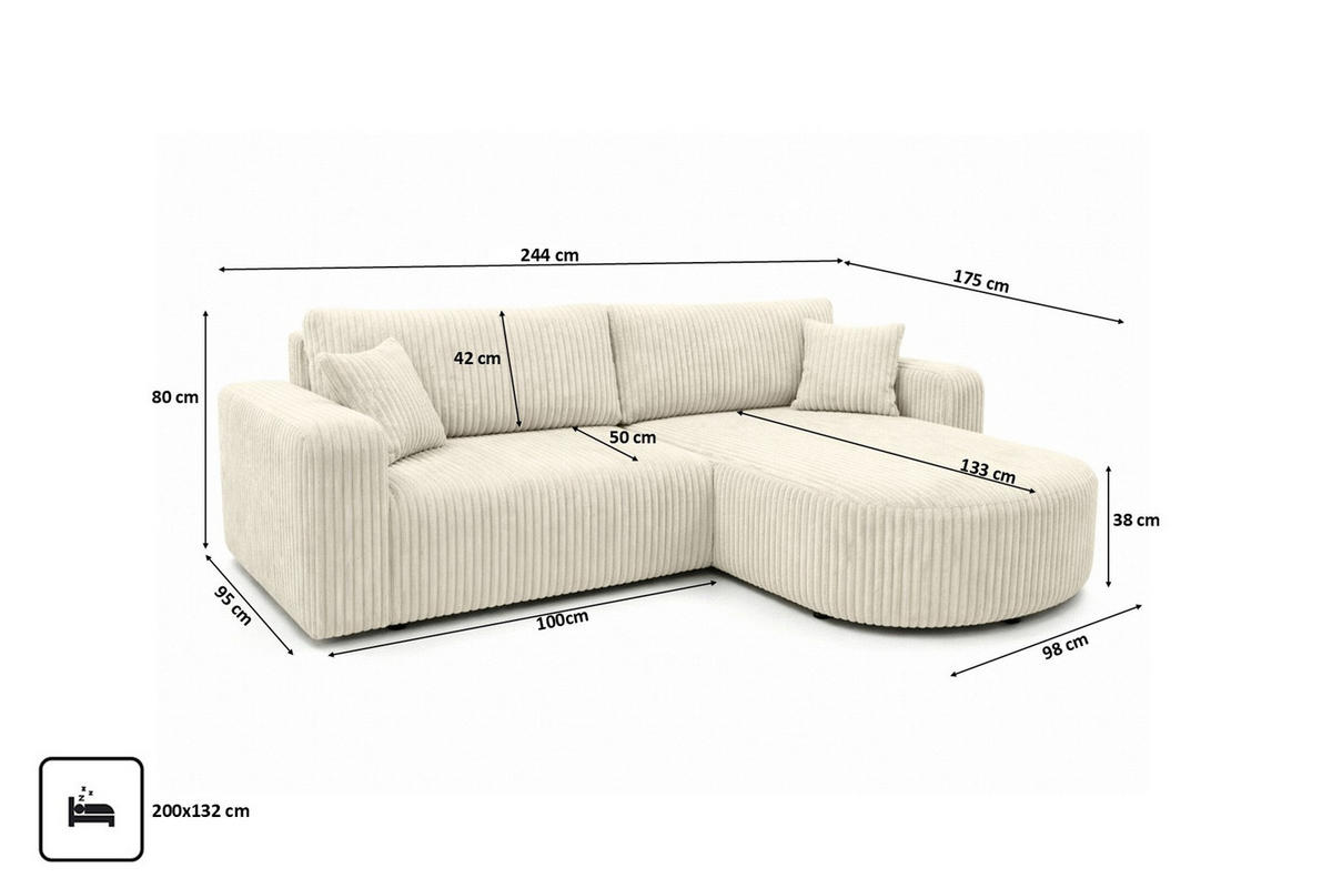 ECKSOFA Mit Schlaffunktion, Cordstoff Tilia, Ecru, Rechts, ROUND ONE - Ecru, Holz (244/175cm) - Kaiser Möbel