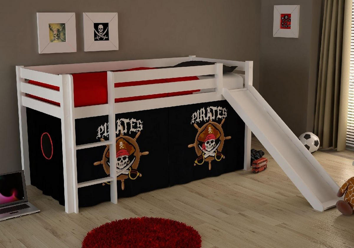 HOCHBETT mit Rutsche Karolina Massivholz Weiß Textilset Pirate - Schwarz/Weiß, Holz (90/200cm) - 58aufmkessel