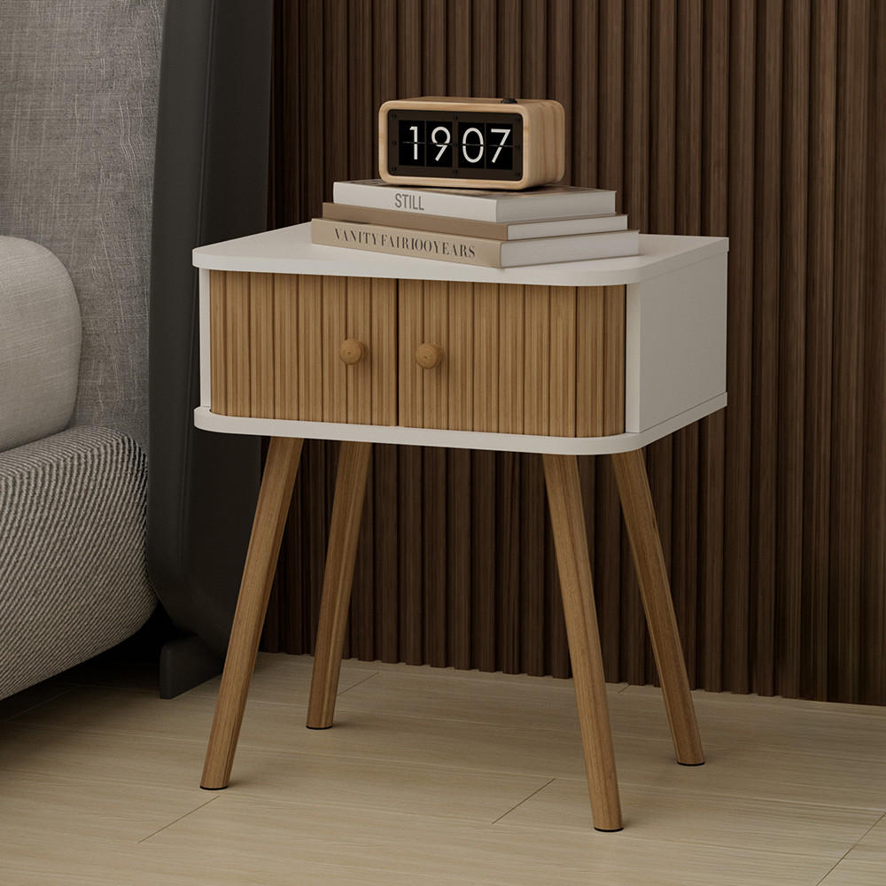 NACHTTISCH Germo Weiß/Bambus 40 x 47 cm 2-er Set - Weiß/Grün, Holzwerkstoff (40/47/30cm) - Vicco