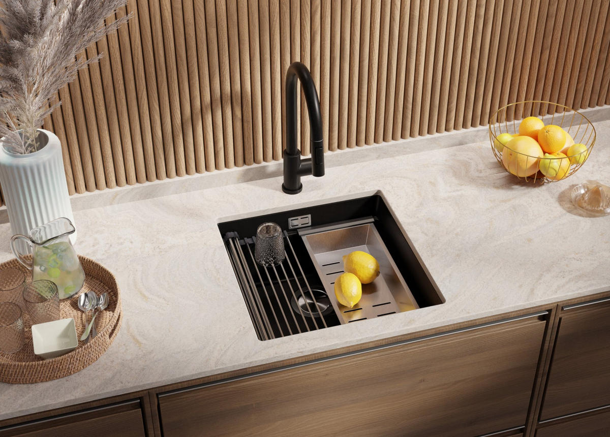 UNTERBAUSPÜLE GRANIT Praga, 2-er set Schwarz 46/47 cm 1 Becken + Ablauf-Set + Aufrollbare Abtropffläche ab 50er Unterschrank - Chromfarben/Schwarz, Kunststoff (46/20/47cm) - Primagran