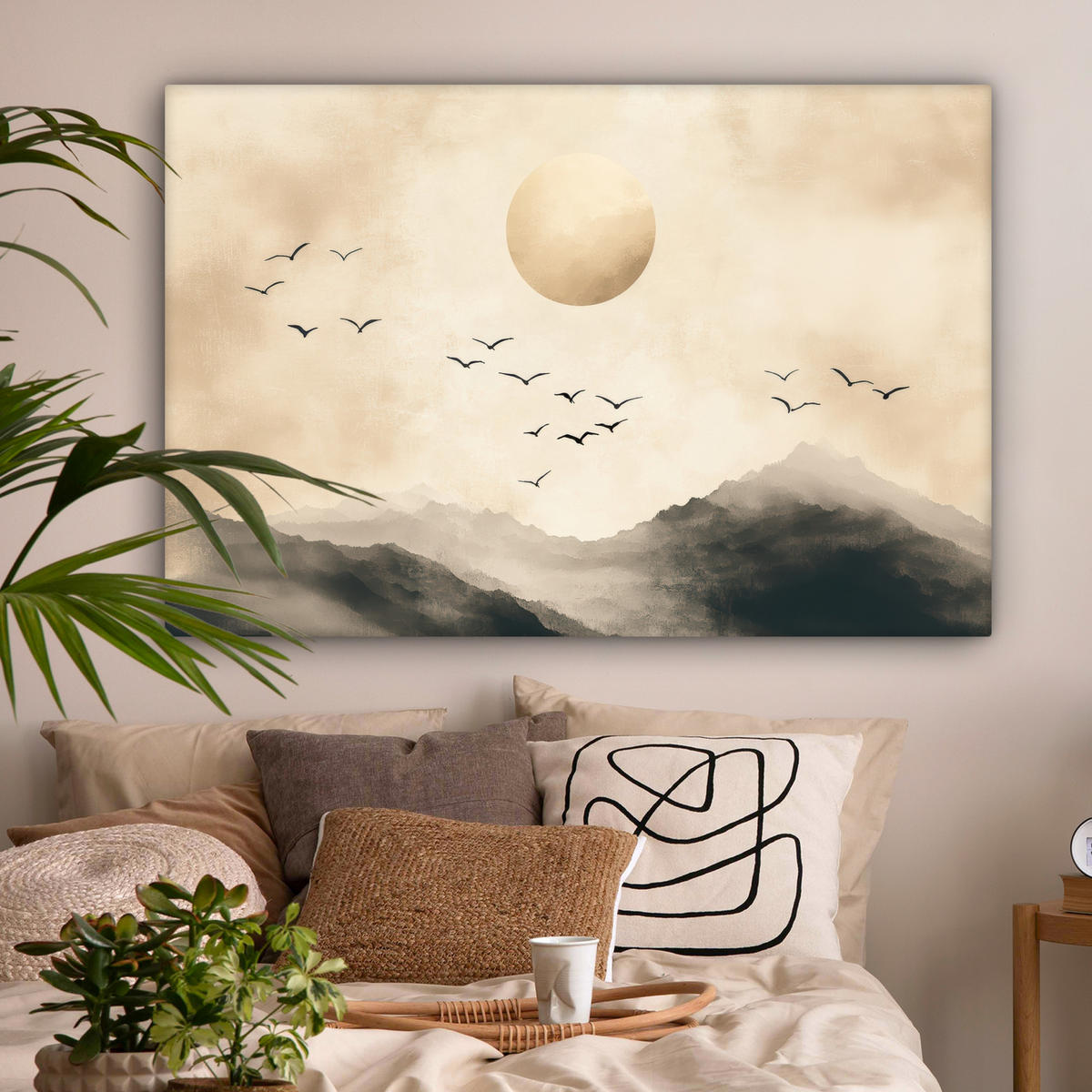 LEINWANDBILD Landschaft - Japandi - Vogel Groß 140x90 cm - Beige, Textil (140/90cm) - MuchoWow