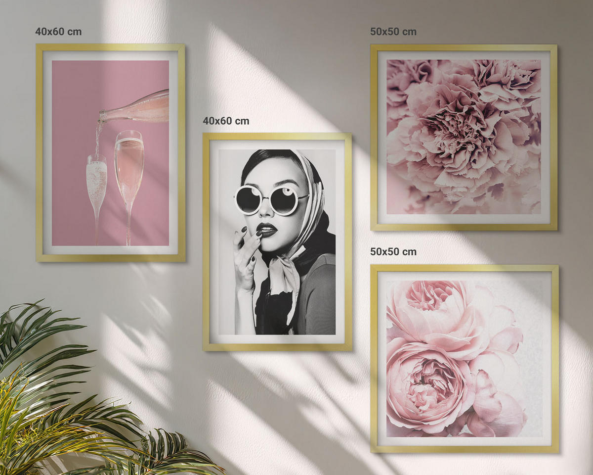 BILDER SET 4er Set - 50x50 cm & 40x60 cm Goldrahmen - Blumen, Pfingstrosen, Rosen, Eleganz - Goldfarben, Kunststoff (50/50cm) - TULUP