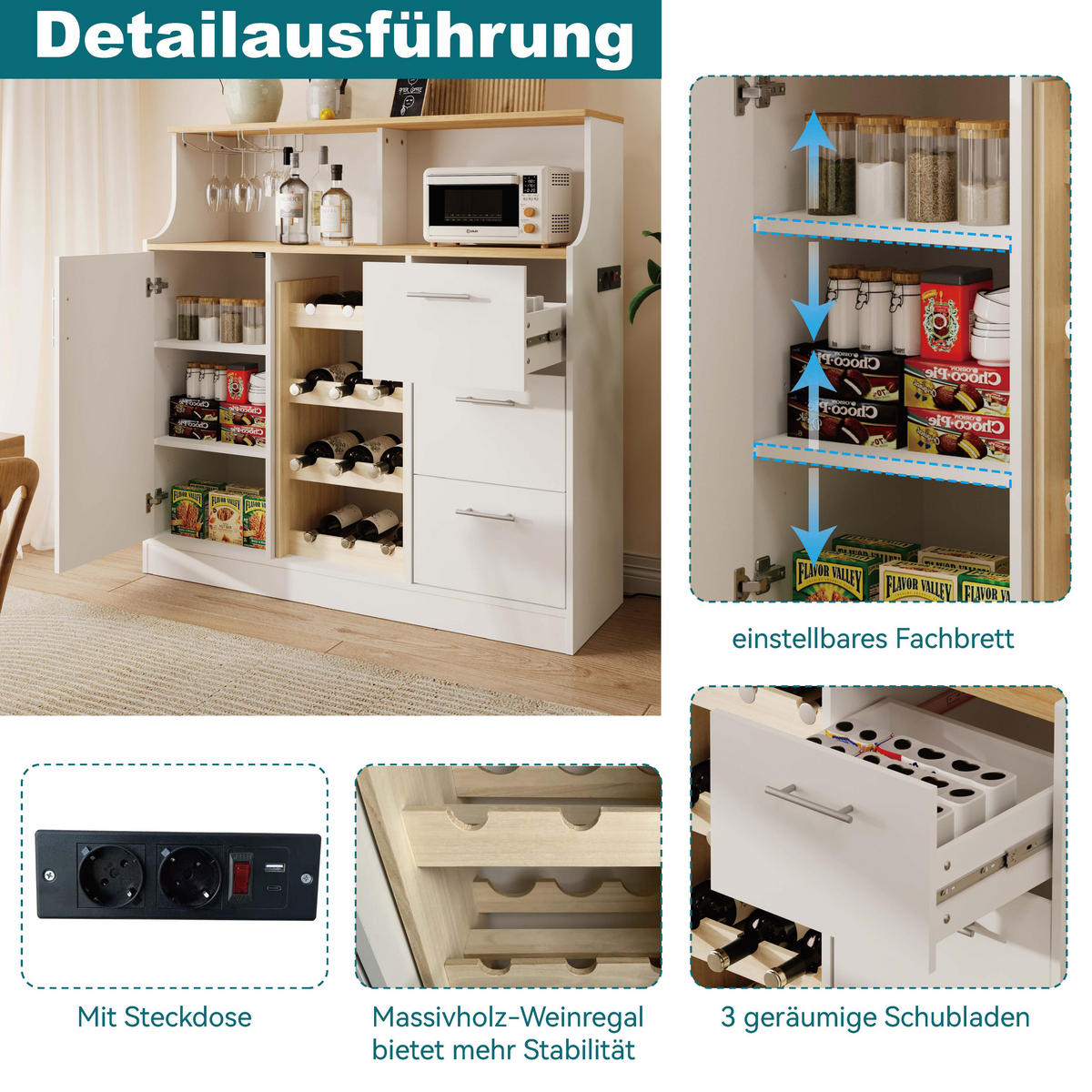 SIDEBOARD aus MDF 120x40x121 cm Weiß/Natur mit LED-Beleuchtung, Steckdose, Weinregal und Gläserhalter - Weiß, Holzwerkstoff (120/121/40cm) - Modfu