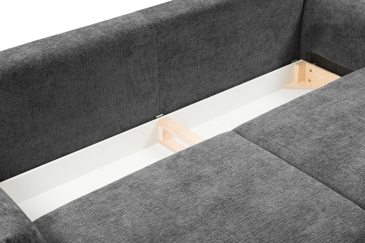 SOFA ADEL - Schlaffunktion Und Bettkasten, Wellenfederung, PUR-Schaum, Schwarze Metallfüße lose Rückenkissen, freistehend, 240x108x75 cm Graphite - Graphitfarben, Holz/Textil (240/75/108cm) - DomoHome