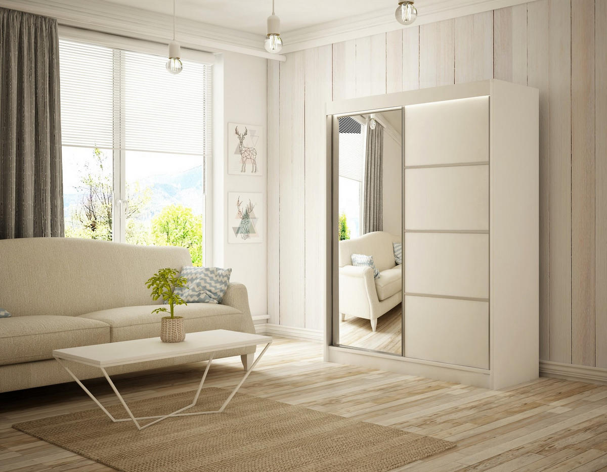 SCHIEBETÜRENSCHRANK RABI - Weiß, Holzwerkstoff (120/215/61cm) - Meblini