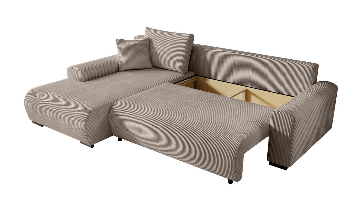 ECKSOFA Nelly mit Bettkasten und Schlaffunktion, Cordstoff in L-Form - Beige, Textil (270/185cm)