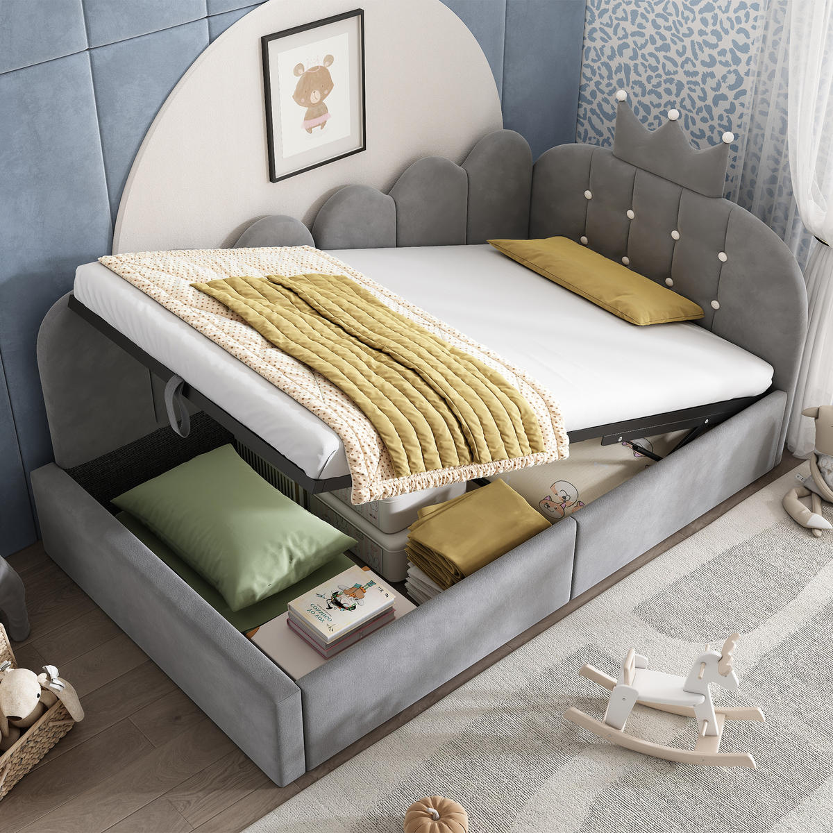 POLSTERBETT 90/200 cm aus Samt mit hydraulischem Stauraum und Kronen-Gitter-Design, Grau - Grau, Holz (90/200cm) - Redom