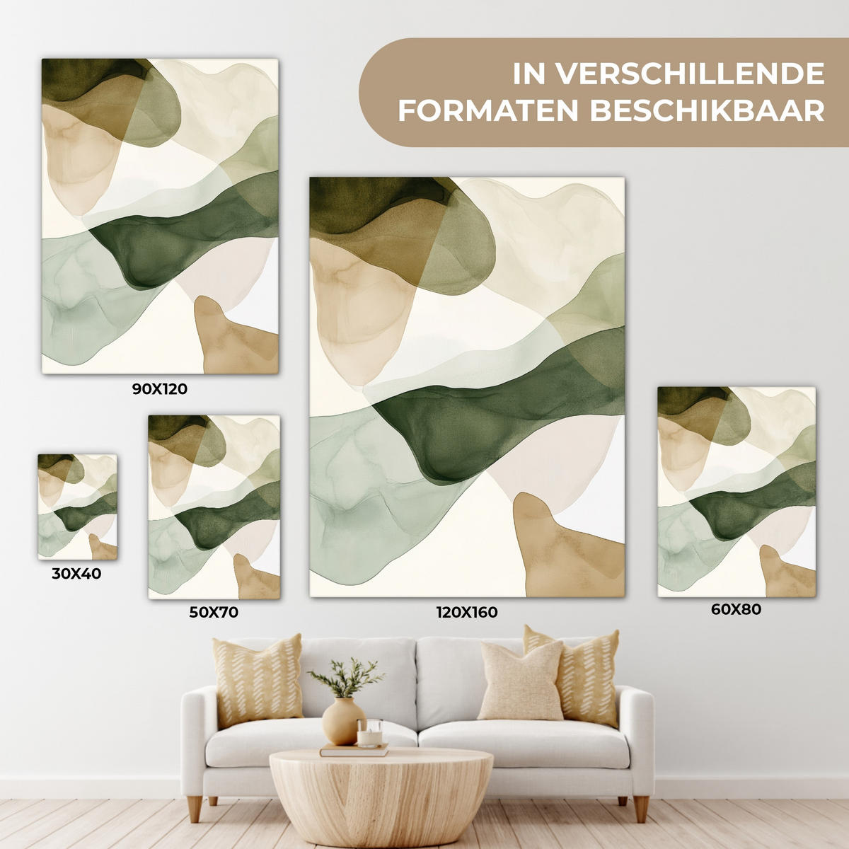 LEINWANDBILD Japandi - Abstrakt - Grün Wandbild Wohnzimmer 60x80 cm - Salbeigrün, Textil (60/80cm) - MuchoWow