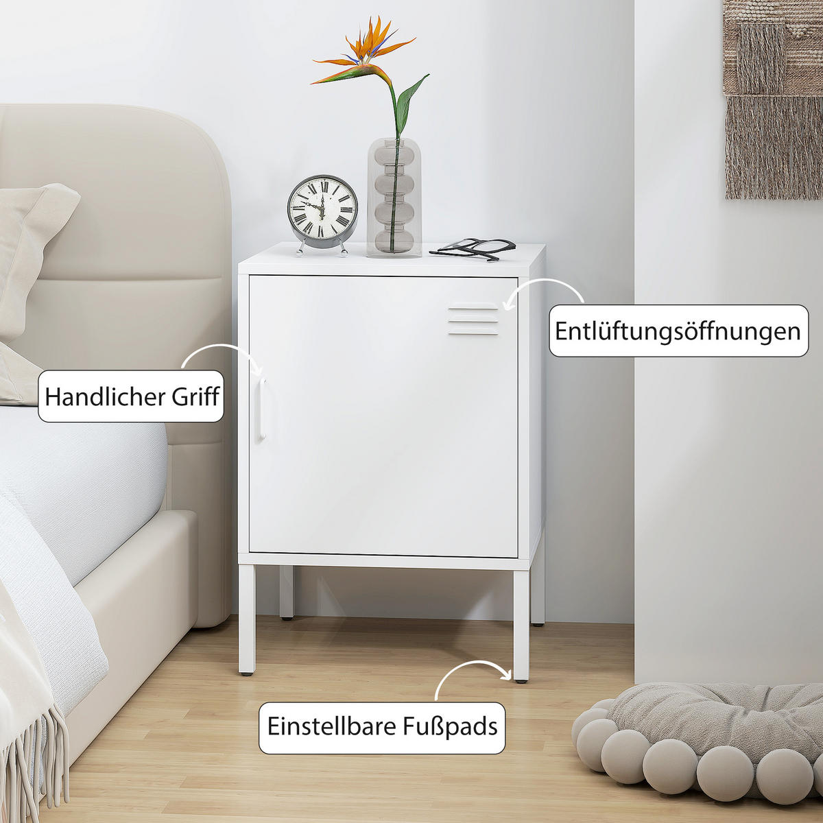 NACHTTISCH Beistelltisch mit verstellbarer Ablage Stahlrahmen Nachtschrank Weiß - Weiß, Metall (40/56/40cm) - HOMCOM