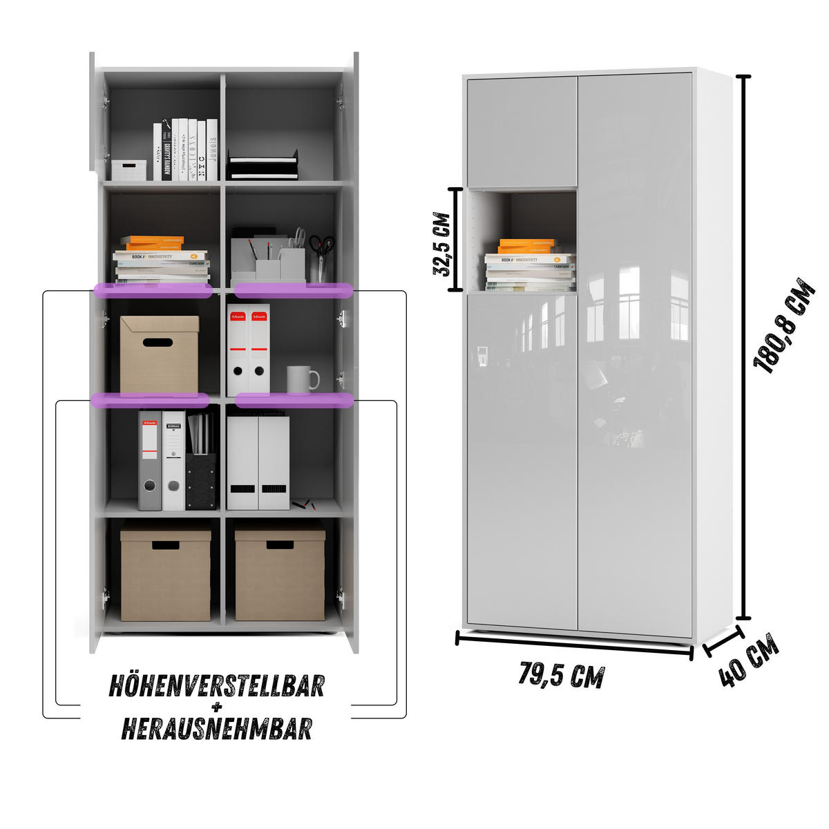 AKTENSCHRANK Amira T10 Weiß Hochglanz 180/80/40 cm - Weiß Hochglanz, Holzwerkstoff (80/180/40cm) - SIMPLYFURN