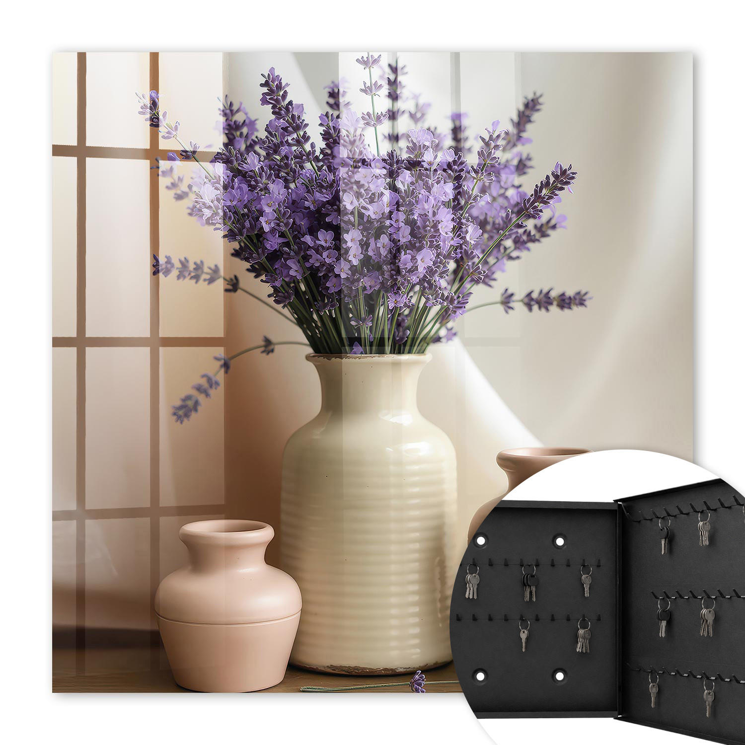 SCHLÜSSELBOX Schwarz 30x30 cm- Türöffnung nach rechts - Blumen in einer Vase - Lila, Metall (30/30/5cm) - TULUP