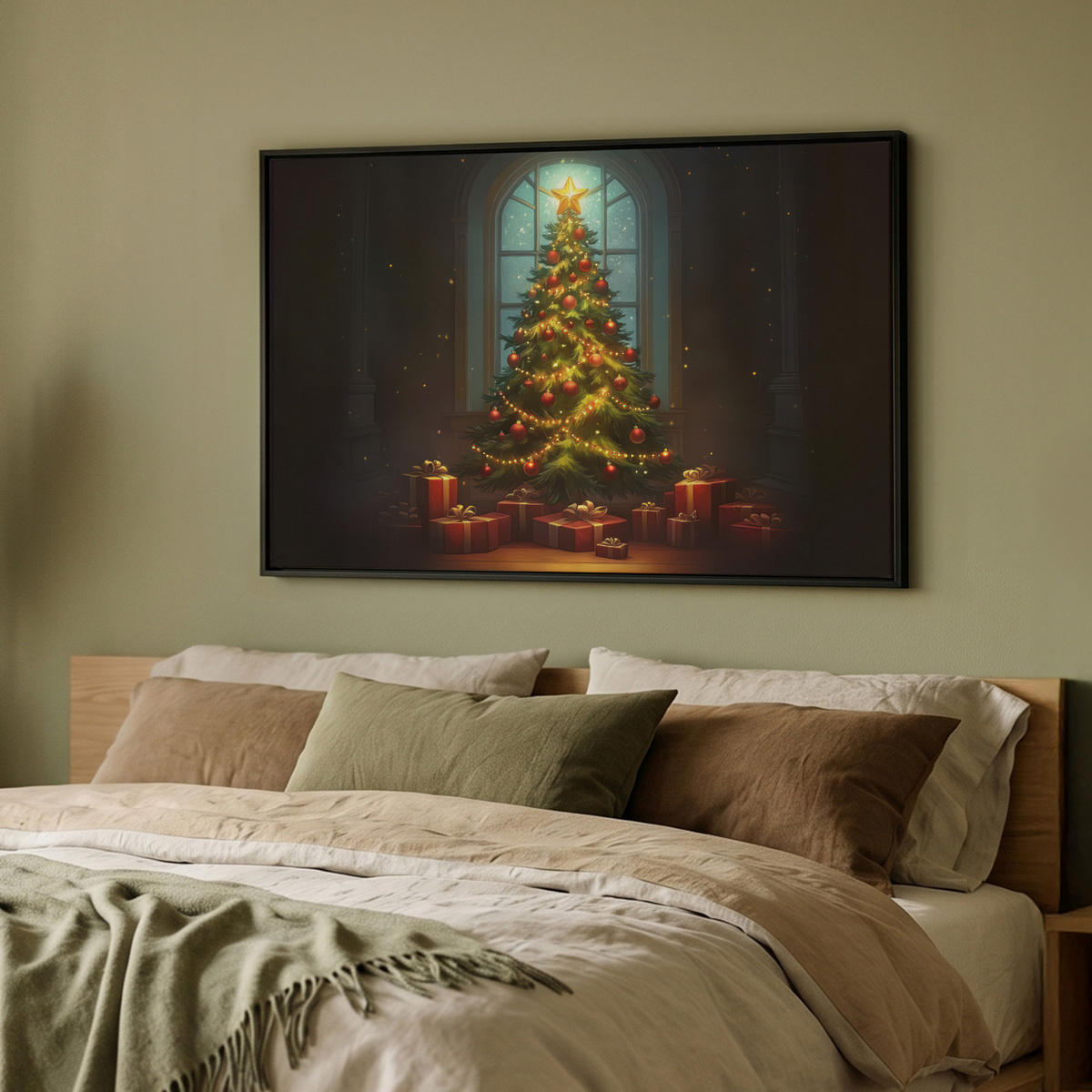 LEINWAND Bilder mit Rahmen - Weihnachtsbaum - Geschenk - Winter - 90x60 - Grün, Textil (90/60cm) - MuchoWow