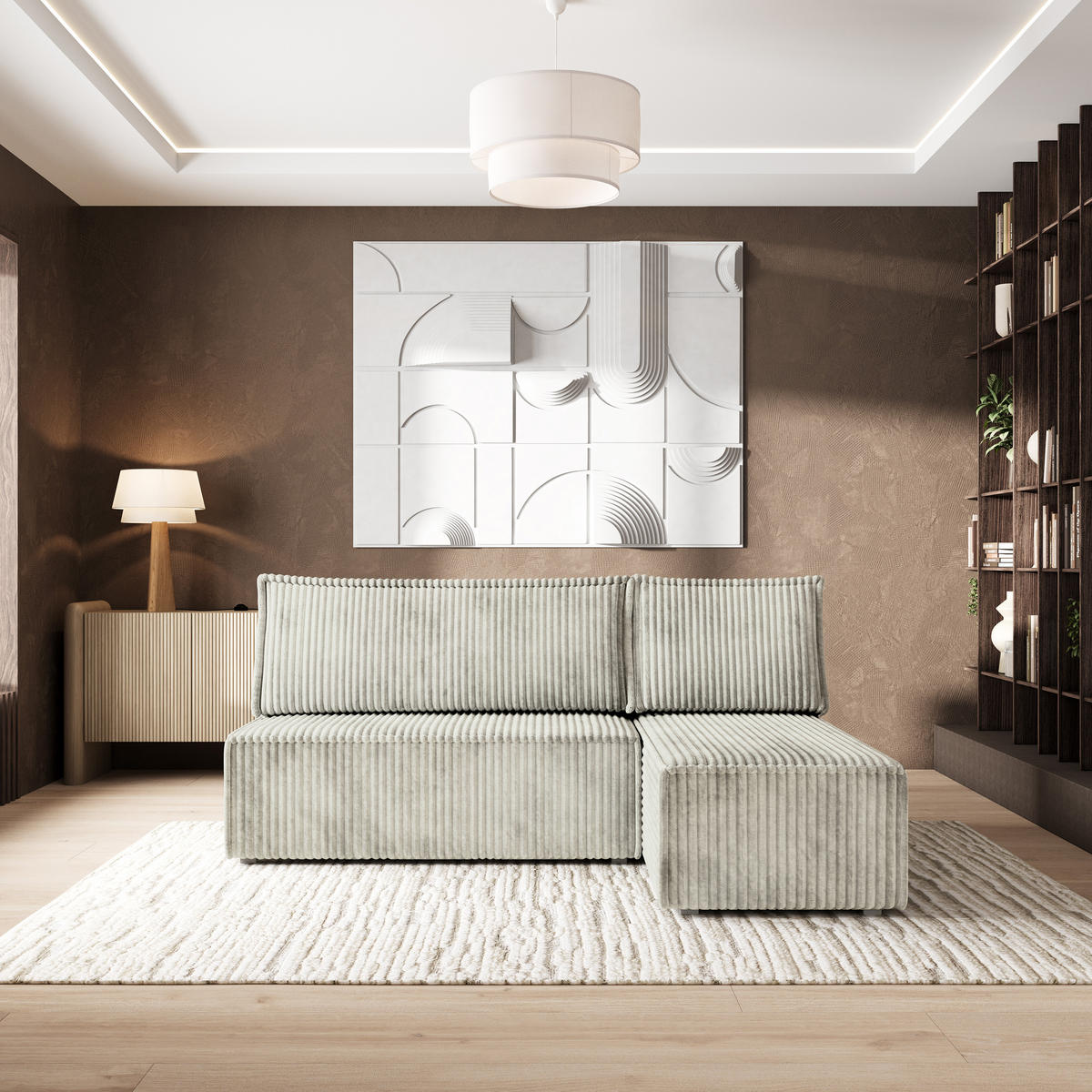 ECKSOFA BRISO T Hellgrau Kordstoff mit Schlaffunktion - Hellgrau/Grau, Holz/Kunststoff (200/140cm) - MASSENO