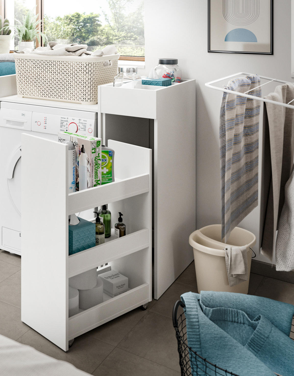 BADKOMMODE weiß 29 cm, Anstellregal mit Apothekerauszug - Schwarz/Weiß, Holzwerkstoff (29/101/60cm) - Inn.Furn