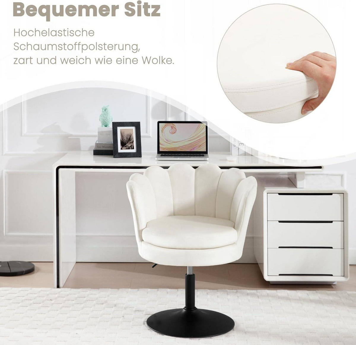 DREHSTUHL Blumenform, Samtbezug, Beige - Beige/Schwarz, Textil/Metall (65/71/61cm) - Woltu