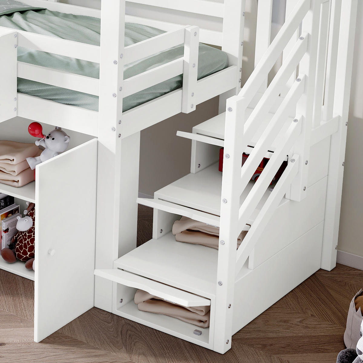 ETAGENBETT 90/200 cm in Weiß & Grün Kinderbett mit 6 Schränken und Dach - Weiß, Holzwerkstoff (90/200cm) - STILVORA