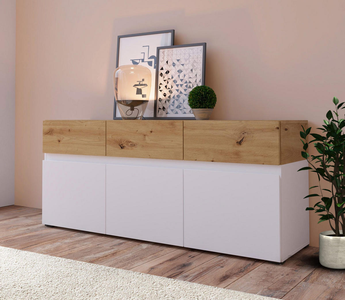 LOWBOARD Rimini weiß / Eiche Artisan 135 / 40 / 59cm - Eichefarben/Weiß, Holz/Holzwerkstoff (135/59/40cm) - Feldmann-Wohnen