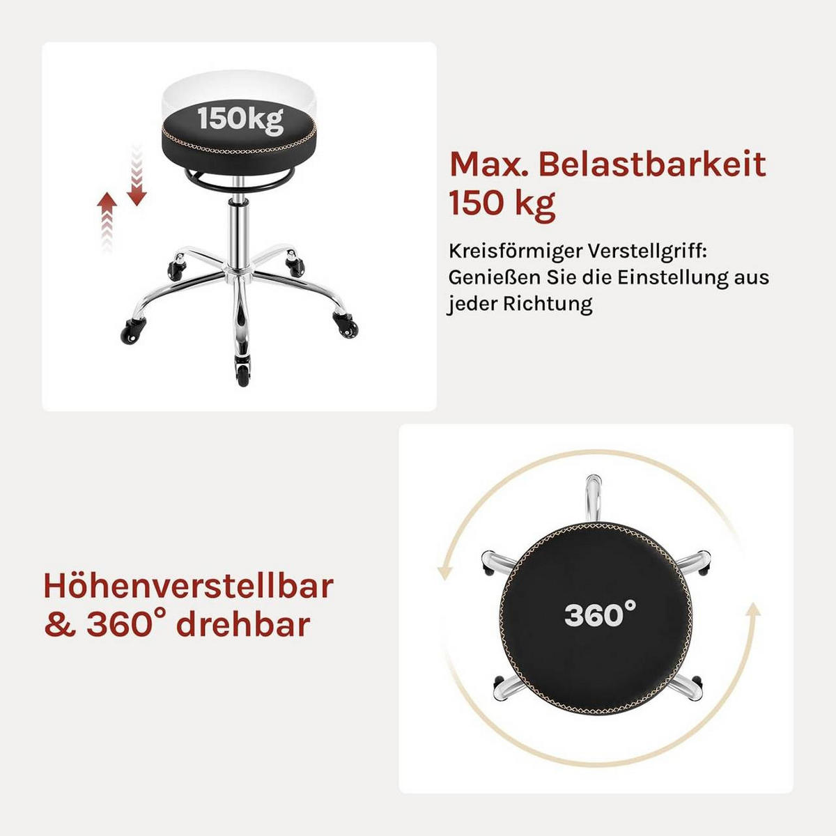 BÜROHOCKER 360° drehbar, rund, Kunstleder, Schwarz - Schwarz, Kunststoff/Textil (49/46/49cm) - Woltu