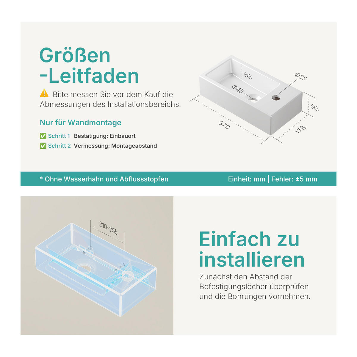 HANDWASCHBECKEN mit pflegeleichter Oberfläche, 1 Hahnloch Weiß 36,5 / 18 / 9 cm - Weiß Hochglanz, Keramik (18/9/36.5cm) - EMKE