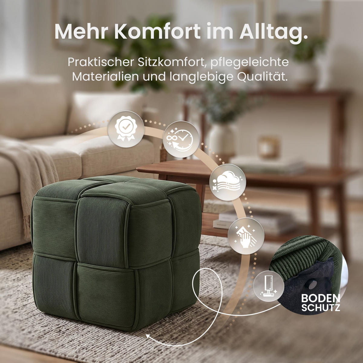 SITZWÜRFEL eckig 40/40/40 cm Cord Dunkelgrün - Dunkelgrün, Kunststoff/Textil (40/40/40cm) - CLP