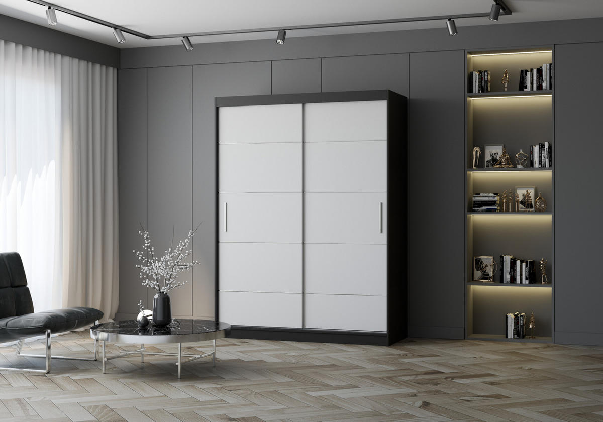 SCHIEBETÜRENSCHRANK - Lara 06 - Schwarz + Weiß - Schwarz/Weiß, Holzwerkstoff/Metall (150/200/61cm) - Möblo
