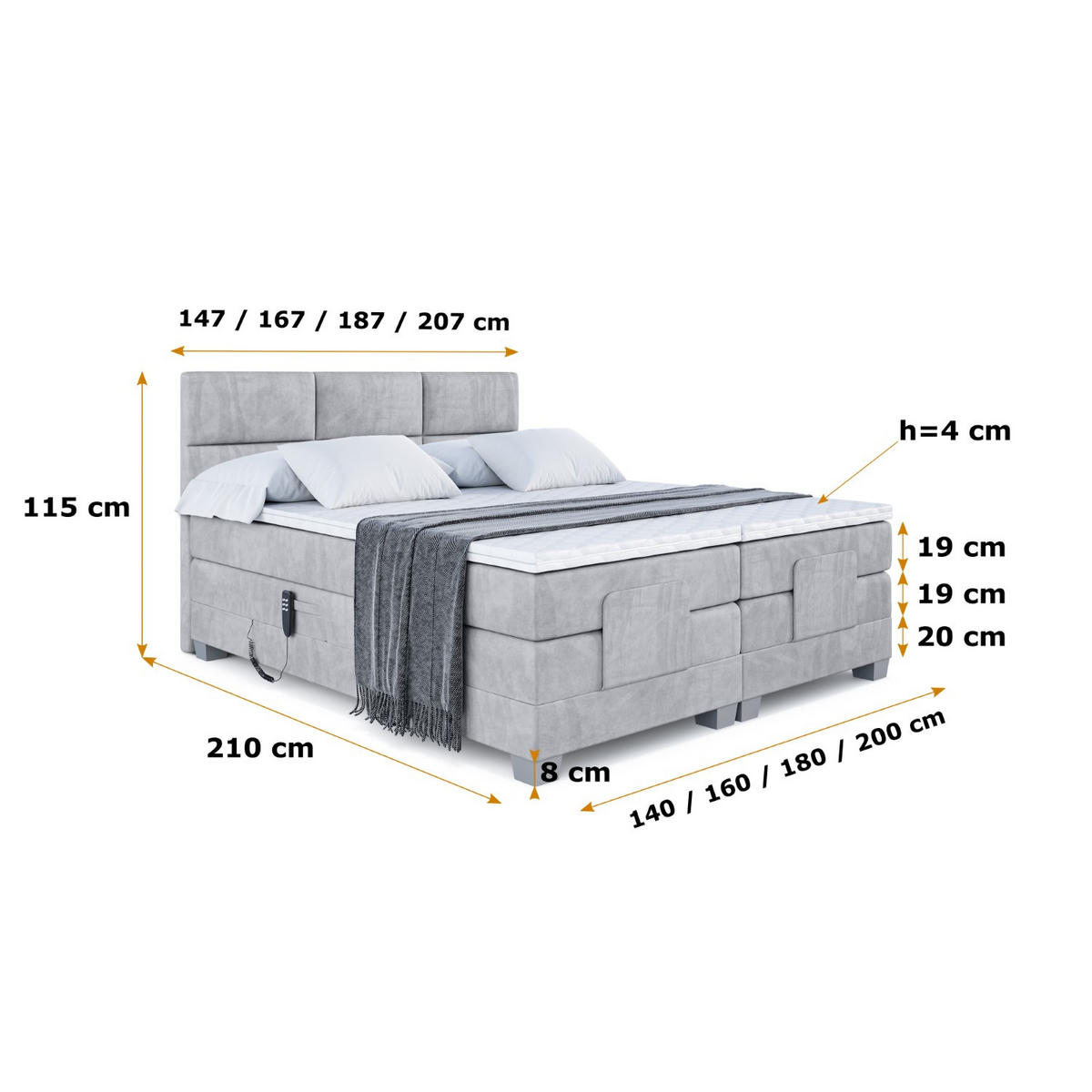 BOXSPRINGBETT elektrisch verstellbar mit 2 Matratzen H4/Taschenfederung PROT EL 160 x 200 Grau - Grau, Holzwerkstoff (167/200cm) - ALTDECOR