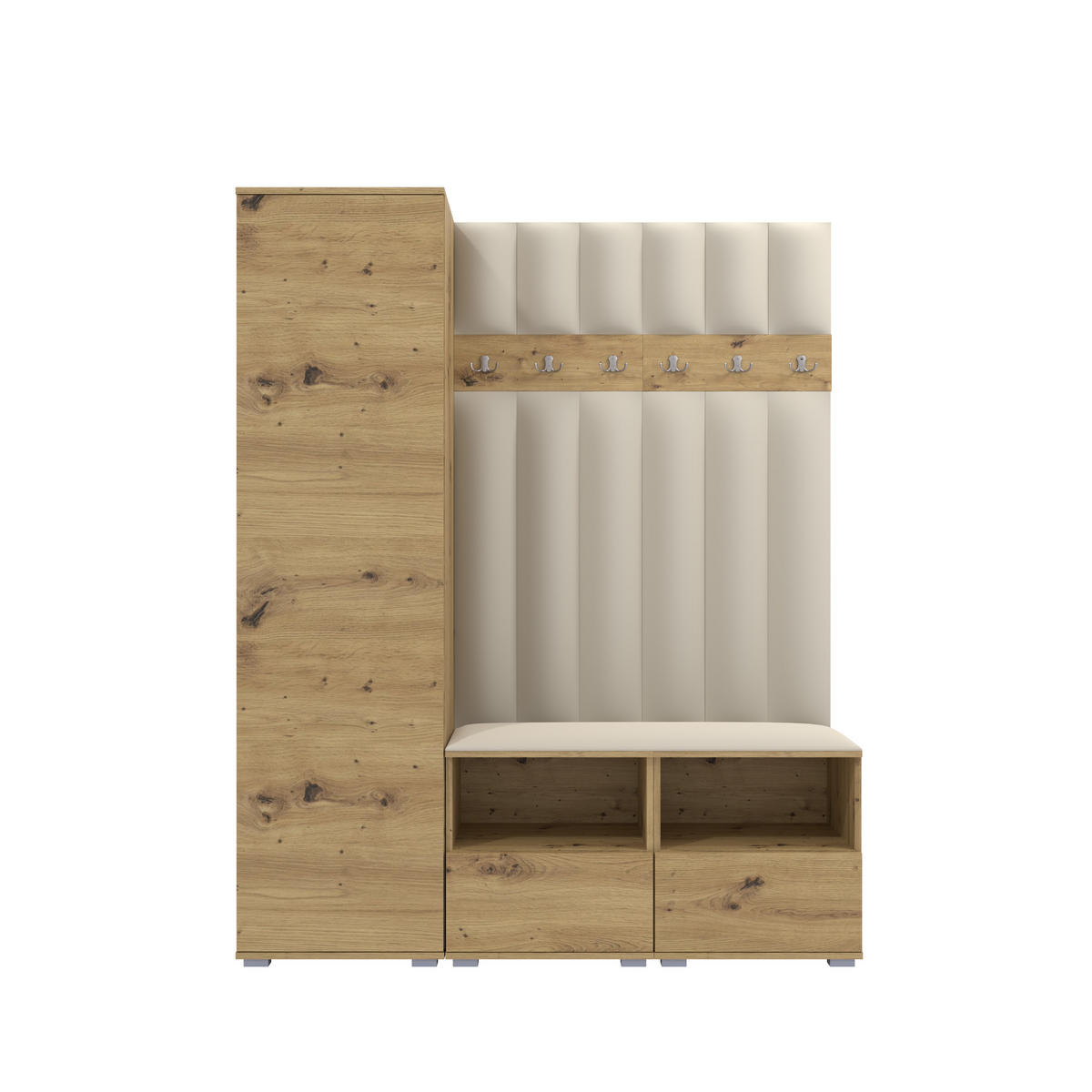GEPOLSTERT Garderoben-Set Nela II LUX (Farbe Eiche Artisan + Stoff Trinity 01) - Silberfarben/Creme, Holz/Holzwerkstoff (150/187/40cm) - Ravio