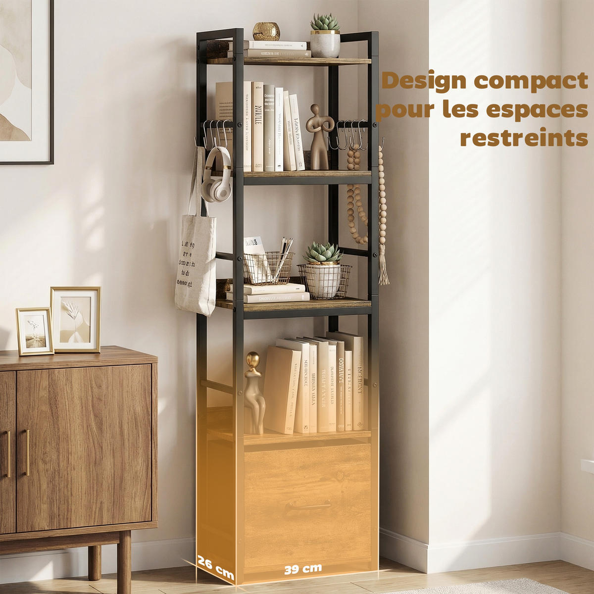 REGAL DE-15566 4 Ebenen + 1 Schublade + 8 Haken Rustikalbraun - Braun, Holzwerkstoff (39/136.5/26cm) - ComfortXL