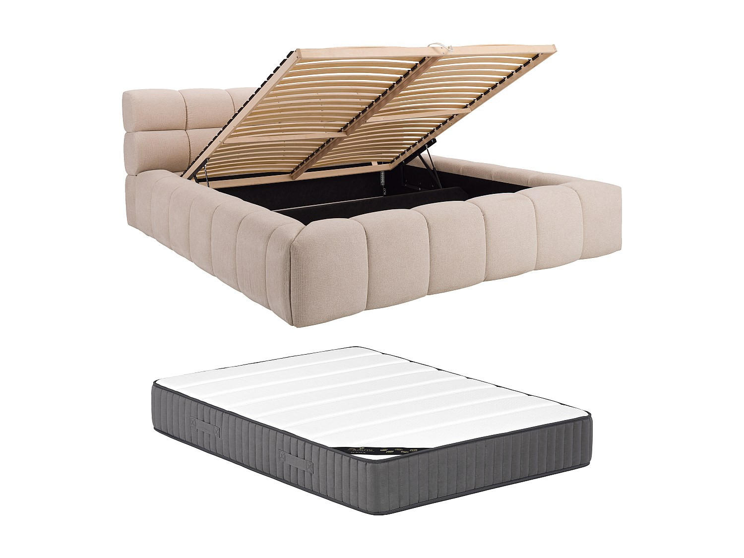 BETT mit Bettkasten - 2 Personen - Stoff - Beige - - Beige, Textil (200/200cm) - Vente-Unique