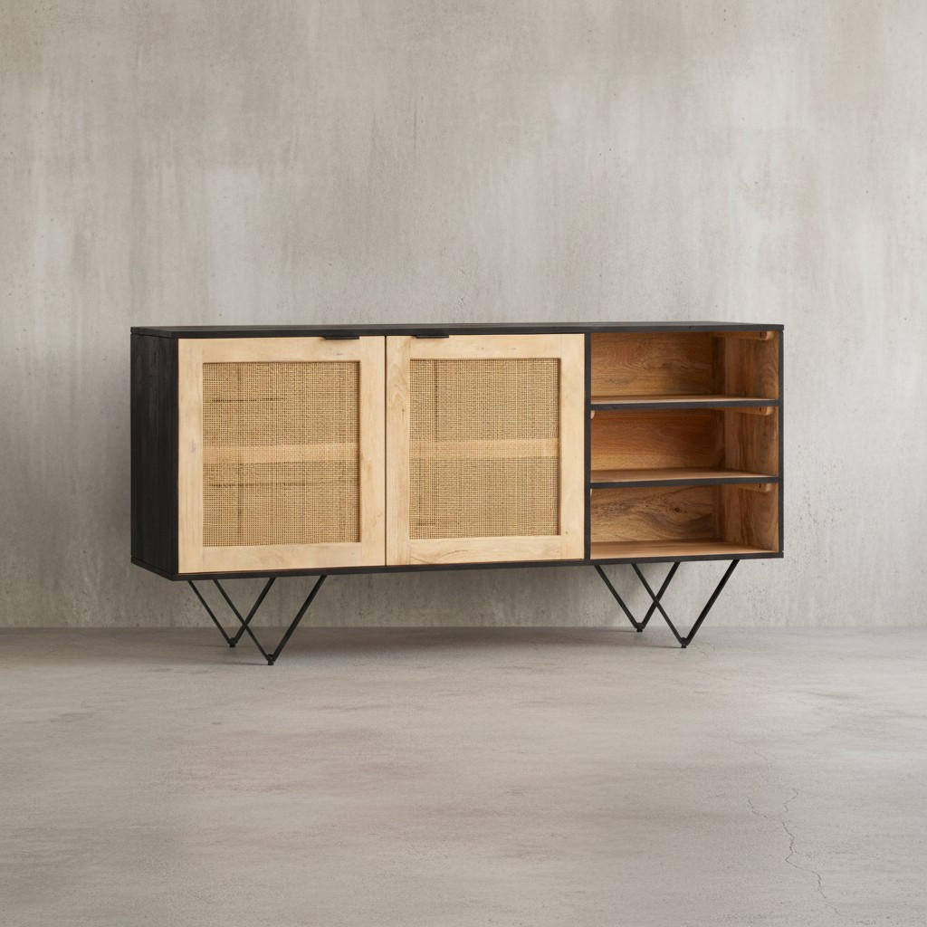 SIDEBOARD – Mango Massivholz/Rattan, 145x75x40 cm, 2 Türen, schwarz/braun, mit Regal - Schwarz, Holz/Metall (145/75/40cm) - KADIMA DESIGN
