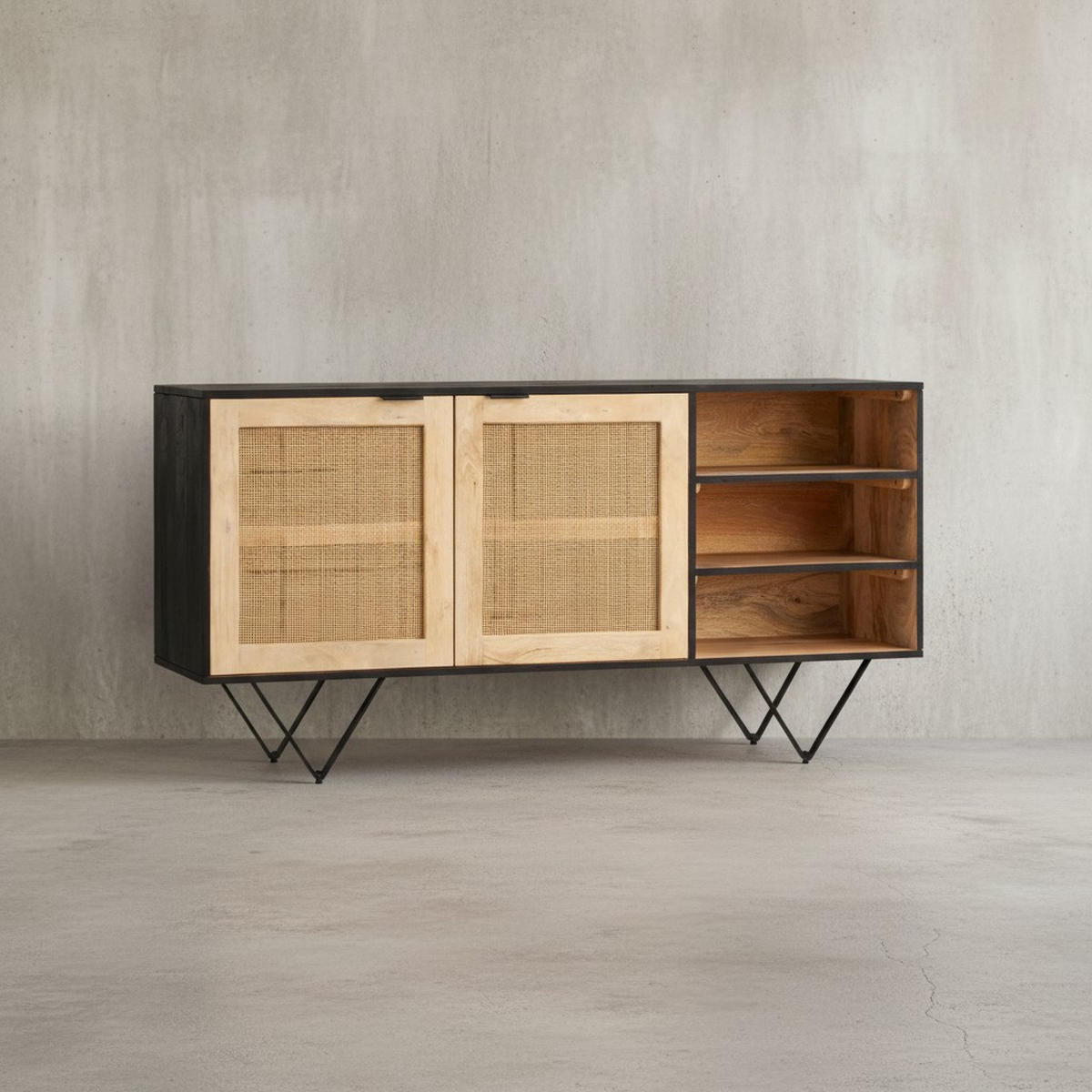 SIDEBOARD – Mango Massivholz/Rattan, 145x75x40 cm, 2 Türen, schwarz/braun, mit Regal - Schwarz, Holz/Metall (145/75/40cm) - KADIMA DESIGN